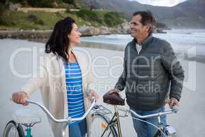 Couple standing with bicycle interacting with each other on beach