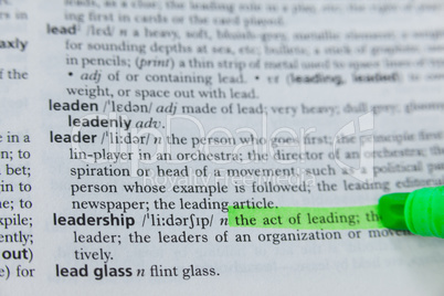Highlighted definition of leadership in dictionary