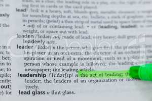 Highlighted definition of leadership in dictionary