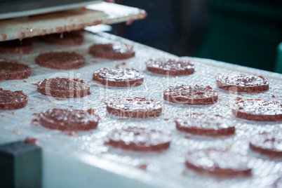 Raw meat patties on assembly line at meat factor