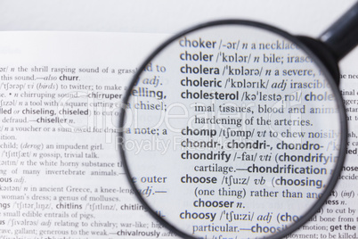 Dictionary page viewed through magnifying glass