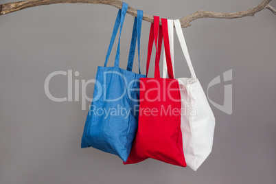 Colorful shopping bags hanging on tree branch