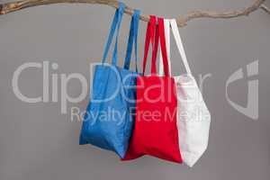 Colorful shopping bags hanging on tree branch