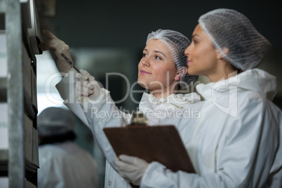 Female butchers maintaining records on clipboard