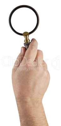 Male Hand Holding Magifying Glass Isolated on White