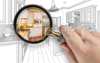 Hand Holding Magnifying Glass Revealing Custom Kitchen Design Dr