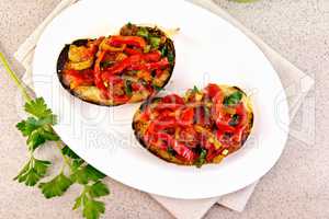 Bruschetta with vegetables in plate on table top