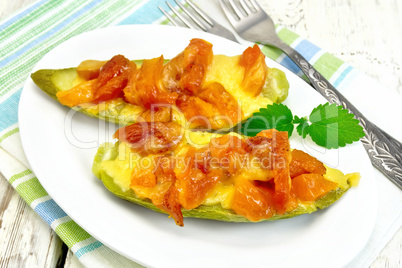 Courgettes in spicy sauce with dried apricots on napkin