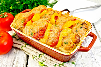 Cutlets of turkey with peppers in pan on napkin