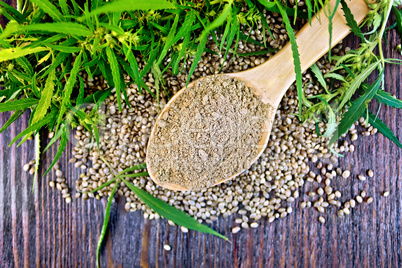 Flour hemp in spoon with leaf and grain on board top