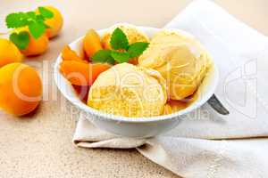 Ice cream apricot with mint in white bowl on napkin