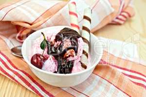 Ice cream cherry with chocolate syrup and waffles