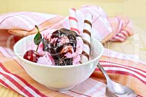 Ice cream cherry with wafer rolls on board