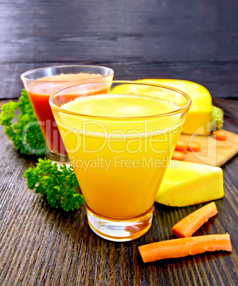 Juice pumpkin and carrot with parsley on board