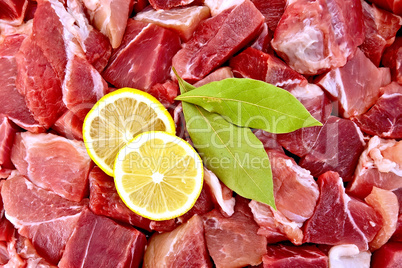 Meat with bay leaf and lemon texture