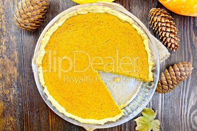 Pie pumpkin in glass pan on table top
