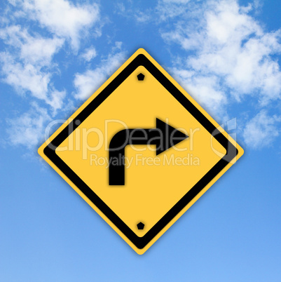 Turn right traffic sign on beautiful sky background.