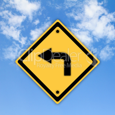 Turn left traffic sign on beautiful sky background.