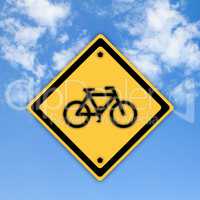 Bicycle traffic sign on beautiful sky background.