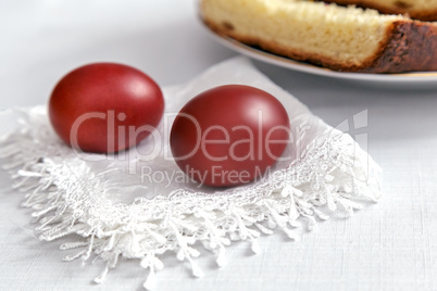 Easter eggs on the napkin and cake .