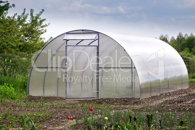 A small greenhouse in the garden.