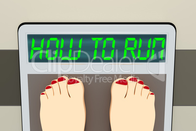 Weight scale with feet, 3d illustration, HOW TO RUN