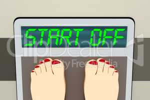 Weight scale with feet, 3d illustration, START OFF