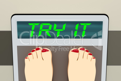 Weight scale with feet, 3d illustration, TRY IT