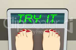 Weight scale with feet, 3d illustration, TRY IT