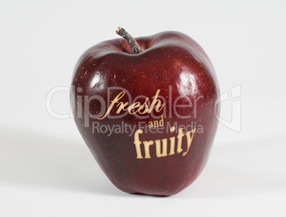 Roter Apfel mit der Aufschrift fresh and fruity