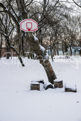 Basketball basket in snow