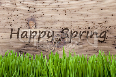 Bright Wooden Background, Gras, Text Happy Spring