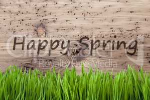 Bright Wooden Background, Gras, Text Happy Spring