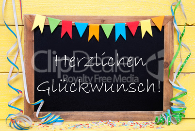 Chalkboard With Streamer, Herzlichen Glueckwunsch Means Congratulations