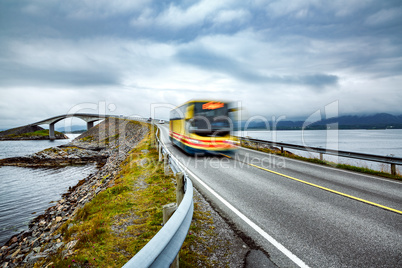 Public bus traveling on the road in Norway