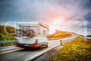 Norway. Caravan car travels on the highway.