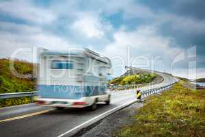 Norway. Caravan car travels on the highway.