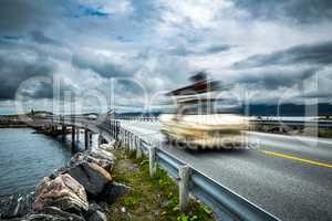 Norway. Car travels on the highway.