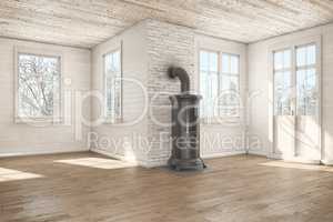 3d render - scandinavian empty room - chimney - winter