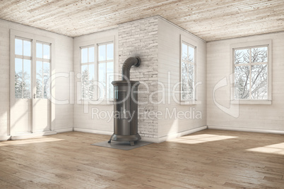 3d render - scandinavian empty room - chimney - winter