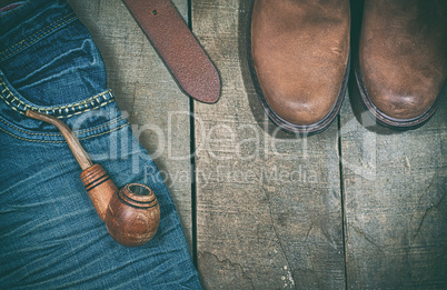 Casual clothing on a wooden background, vintage toning