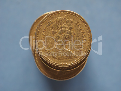 1 pound coin, United Kingdom over blue with copy space in London