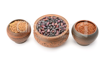 Pots with beans, rice and lentils