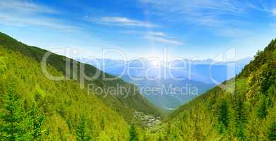 Dawn in the picturesque mountains covered with forests.