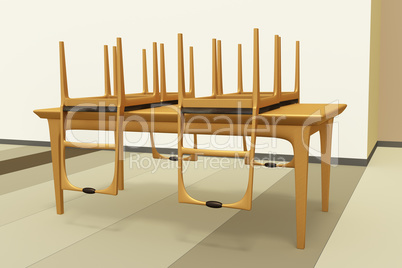 Table set with raised chairs, 3d illustration