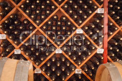 Several Varietal Wine Bottles and Barrels Age Inside Cellar