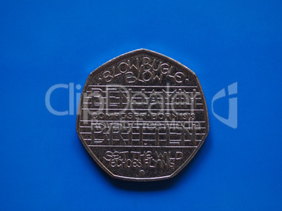 Twenty Pence coin, United Kingdom over blue