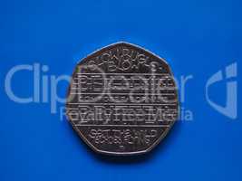 Twenty Pence coin, United Kingdom over blue