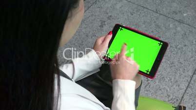 Tablet Ipad Green Screen Monitor Asian Businesswoman Business Woman Working
