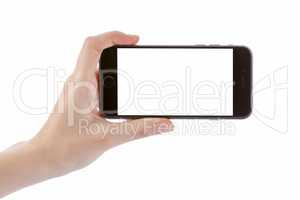 Hand holding black smart phone isolated on white